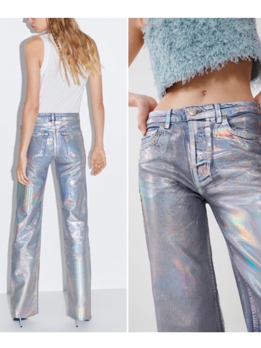 Zara High Waisted Holographic Iridescent Metallic Relaxed Wide Leg Jeans Size 6
